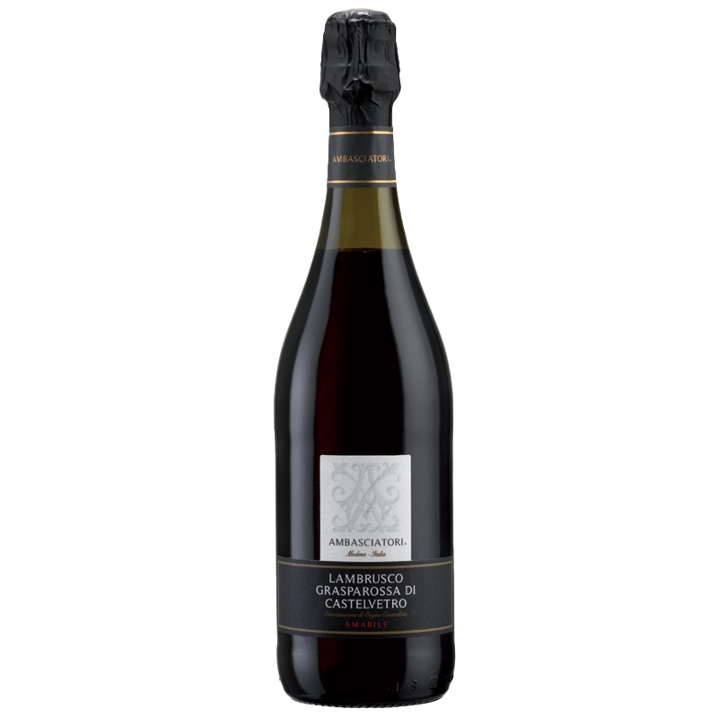 Bottle of Ambasciatori Lambrusco Amabile Grasparossa di Castelvetro DOC NV sparkling red wine from Modena